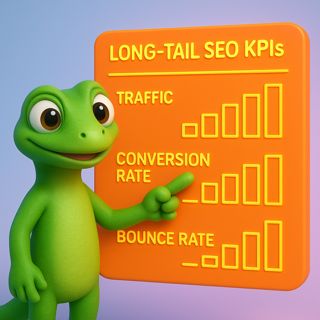 A 3D cartoon-style green gecko in front of a neon orange dashboard, displaying segmented bar charts for different long-tail SEO KPIs such as traffic, conversion rates, and bounce rate. The gecko is pointing to a specific metric on the dashboard with a soft, rounded hand. Background is a light blue-to-purple gradient, dashboard elements and text are in neon orange.