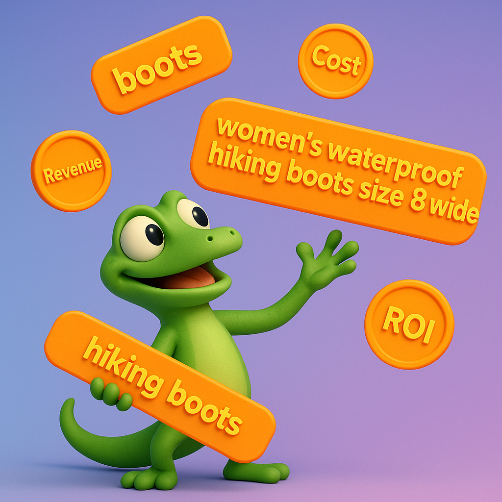 A 3D cartoon-style green gecko juggling large neon orange labels shaped like keywords of different lengths, e.g., 'women's waterproof hiking boots size 8 wide' and 'hiking boots.' Around the gecko are three neon orange coins labeled 'Revenue,' 'Cost,' and 'ROI.' Background is a light blue-to-purple gradient, all text and labels in neon orange.