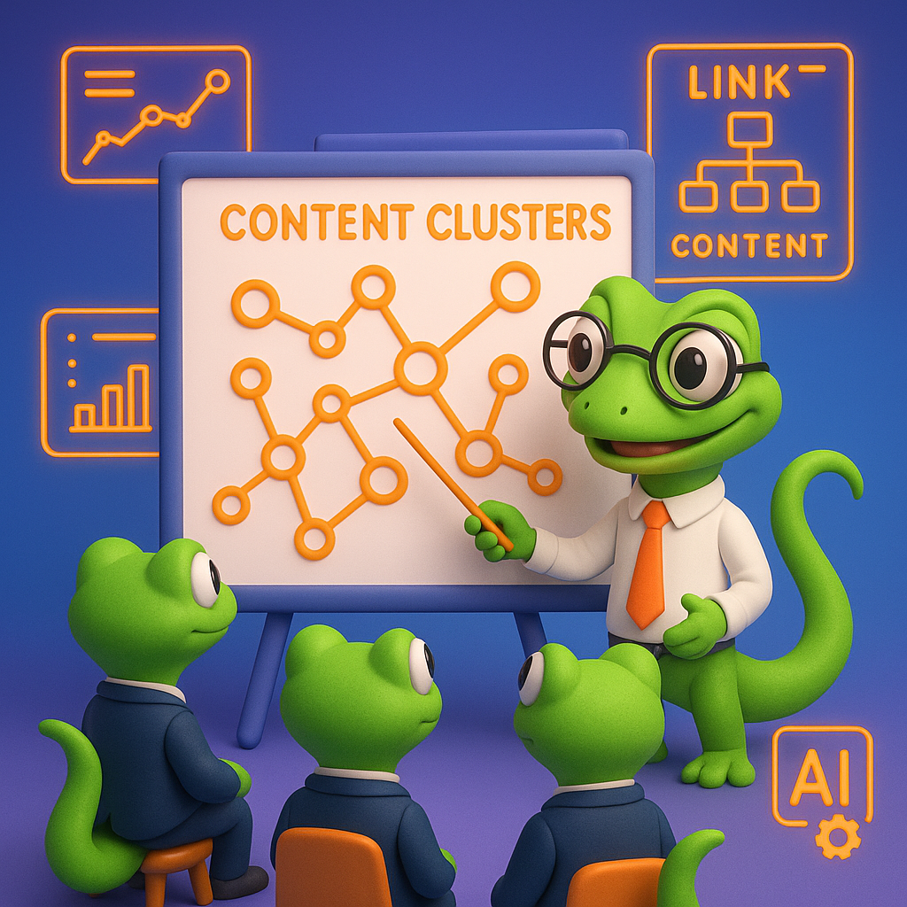A 3D cartoon-style illustration depicting a central green gecko professor at a whiteboard, teaching a group of attentive gecko business leaders. The whiteboard displays interconnected neon orange nodes representing content clusters and link strategies. The background is a blue-to-purple gradient, and floating UI elements show analytics, pillar content, and AI tools in neon orange.