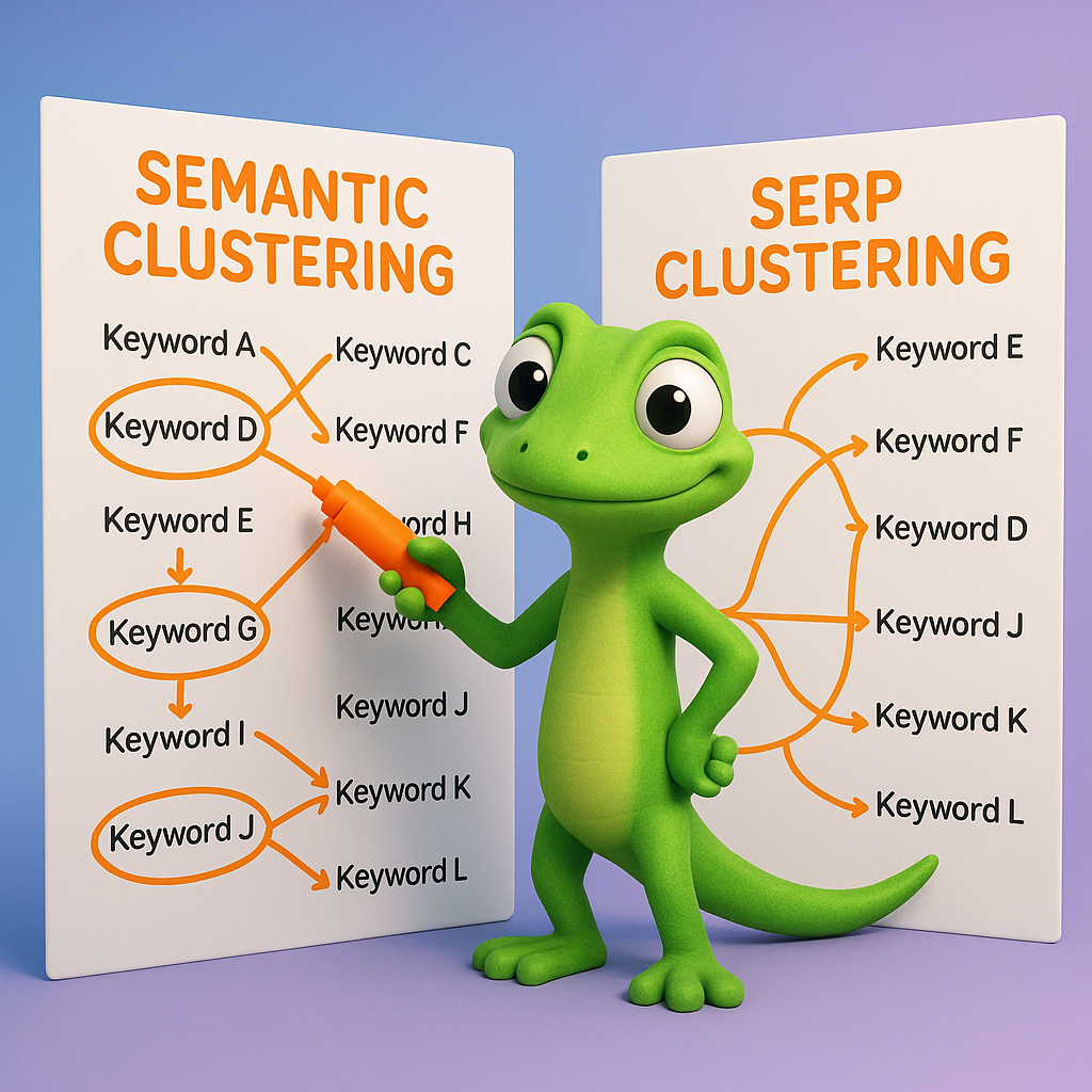 A 3D cartoon-style illustration featuring a green gecko character in front of two large sheets: one labeled 'Semantic Clustering' and the other 'SERP Clustering' in neon orange text. The gecko uses a neon orange highlighter to connect related keywords on each sheet. Arrows and connection lines between keywords clearly show how terms are grouped on each method. Background is a light blue-to-purple gradient.