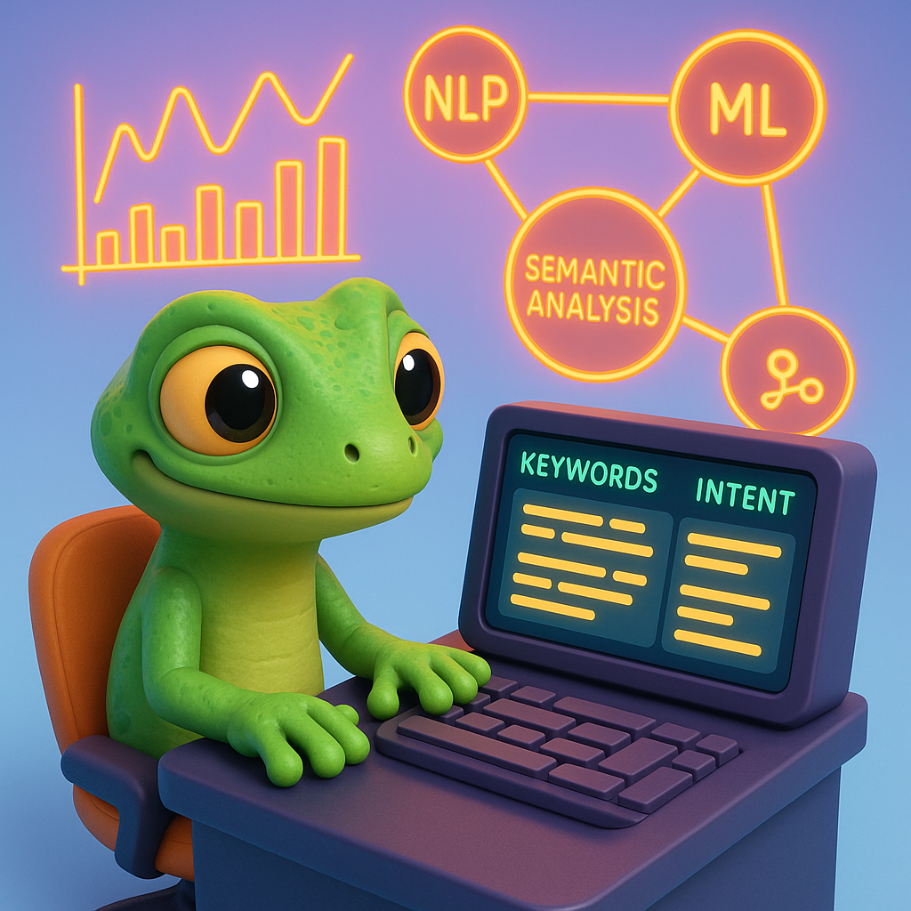 A 3D cartoon-style illustration featuring a green gecko character sitting at a futuristic computer console, surrounded by neon orange graphs and interconnected neon orange icons labeled 'NLP', 'ML', and 'Semantic Analysis'. The console displays a screen with highlighted keywords and intent categories, all set against a light blue-to-purple gradient background.