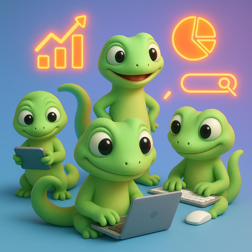 A 3D cartoon-style illustration featuring a group of soft, rounded green gecko characters working together at computers and tablets, surrounded by floating neon orange graphs, charts, and search engine icons. Background is a light blue-to-purple gradient with neon orange accents highlighting efficiency and collaboration.