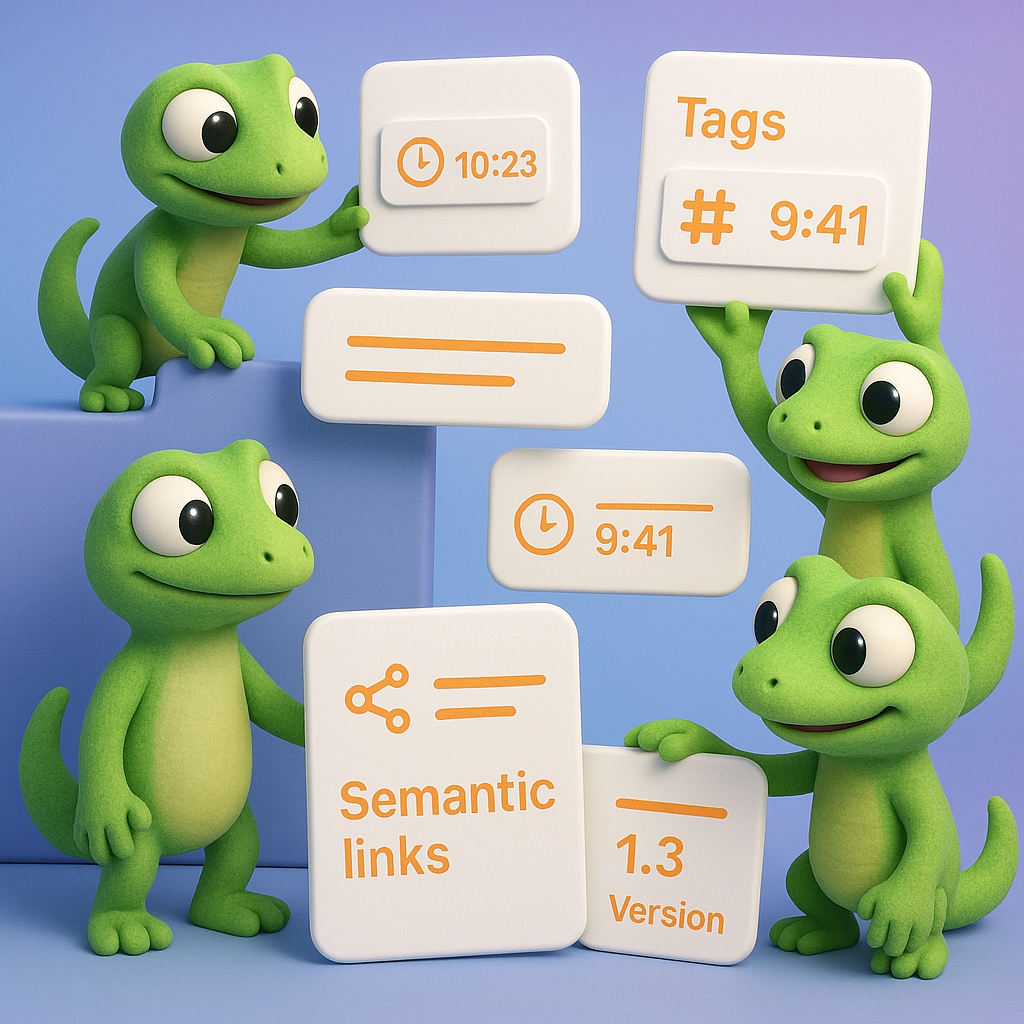 A 3D cartoon-style illustration featuring a group of soft, rounded green gecko characters collaborating on organizing floating digital content cards. Each card displays metadata details like tags, timestamps, semantic links, and version numbers, highlighted with neon orange text and icons. The background is a smooth light blue-to-purple gradient.