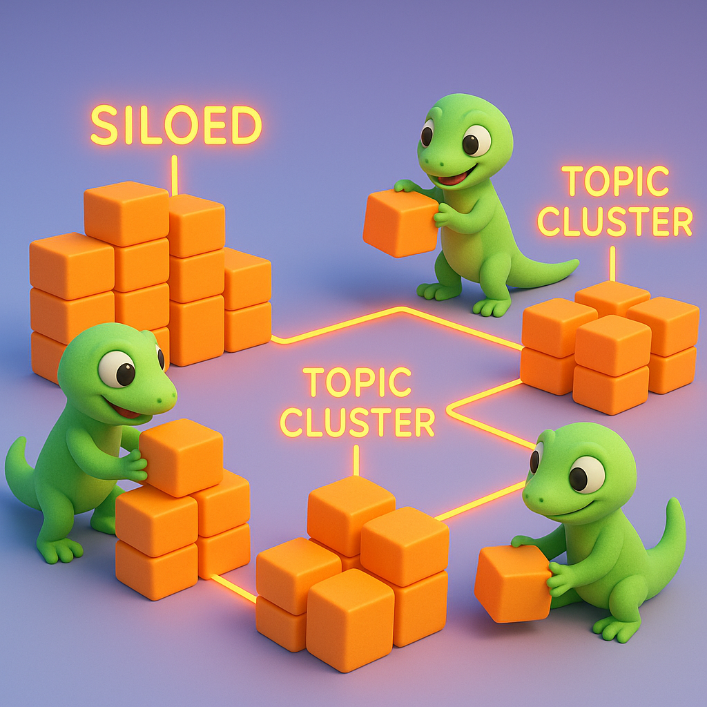 3D illustration of green gecko characters organizing blocks into clusters to represent siloed website architecture and topic clustering