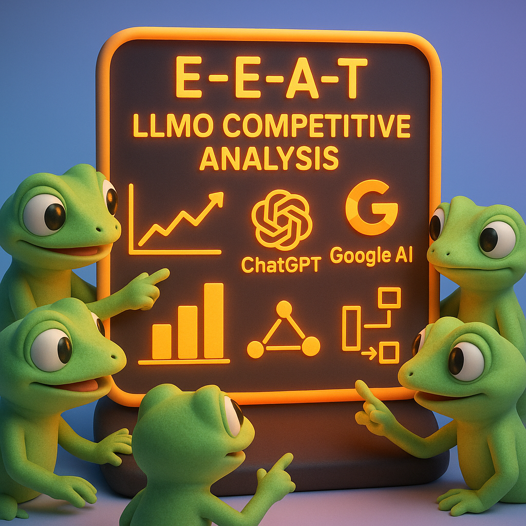 A 3D cartoon-style illustration featuring a group of soft, rounded green gecko characters gathered around a glowing neon orange dashboard with multiple graphs, AI model icons (e.g., ChatGPT, Google AI), and data flow diagrams. The background is a smooth light blue-to-purple gradient, and key text elements like 'E-E-A-T' and 'LLMO Competitive Analysis' are shown in bold neon orange. Geckos are pointing at the dashboard, symbolizing data-driven competitive analysis.