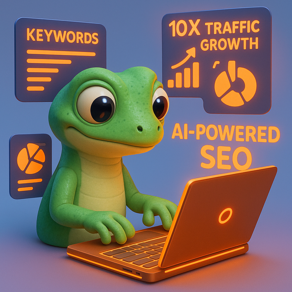 A 3D cartoon-style illustration featuring a soft, green gecko character using a futuristic, neon orange laptop with floating screens displaying clustered keywords, graphs, and SEO charts. The gecko appears focused and engaged. The background is a light blue-to-purple gradient, and key text phrases like '10X Traffic Growth' and 'AI-powered SEO' appear in vibrant neon orange.