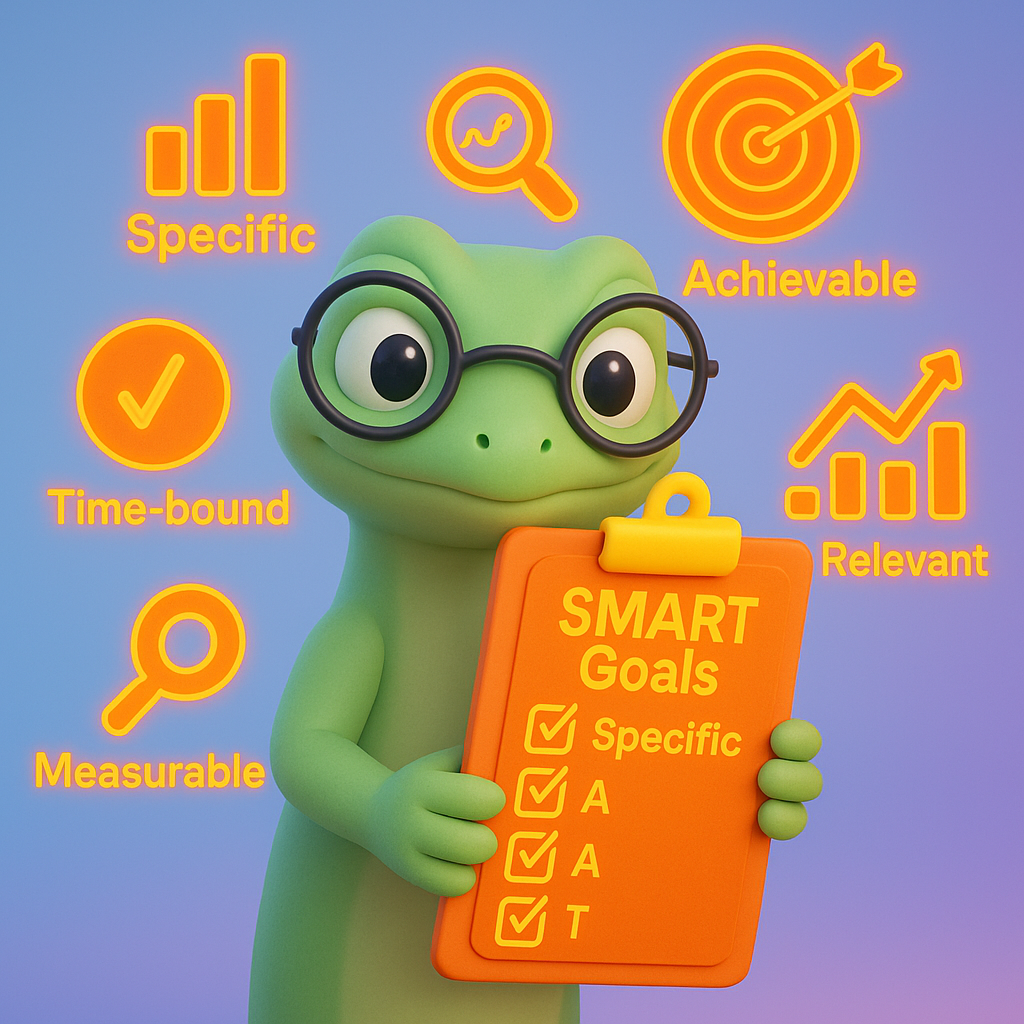 A 3D cartoon-style illustration featuring a soft, rounded green gecko character wearing glasses and holding a bright neon orange checklist titled 'SMART Goals.' Around the gecko, floating neon orange icons represent each SMART criterion: a bar graph (Specific), a magnifying glass with statistics (Measurable), a target bullseye (Achievable), a business chart (Relevant), and a clock (Time-bound). Background is a light blue-to-purple gradient.