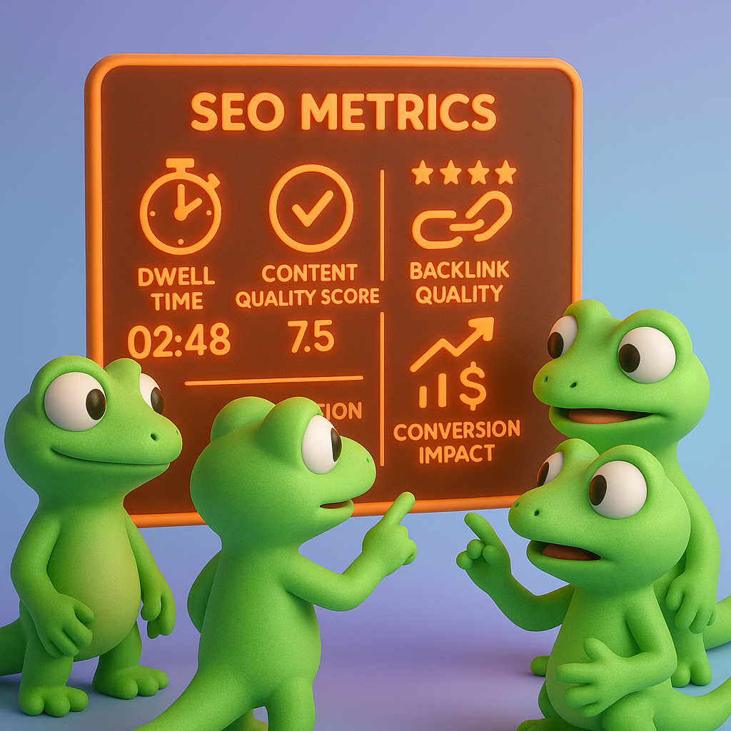A 3D cartoon-style illustration featuring a team of soft, rounded green gecko characters analyzing a neon orange dashboard displaying advanced SEO metrics: dwell time, content quality score, backlink quality, and conversion impact, with each metric represented by distinct neon orange icons. The geckos point at the screen and discuss findings, all set against a light blue-to-purple gradient background.