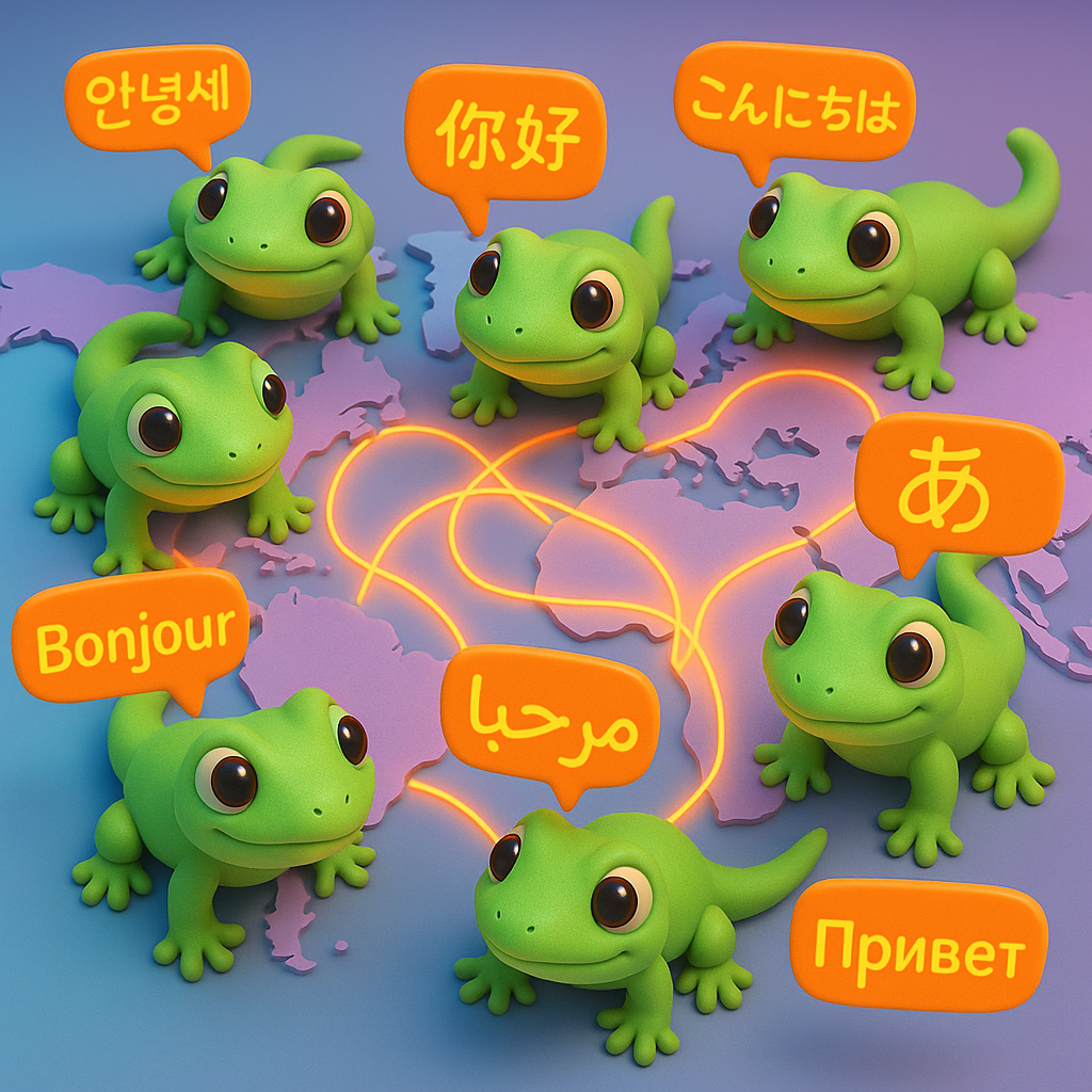 A 3D cartoon-style illustration featuring multiple soft, rounded green geckos scattered across a world map in the background, each gecko holding a neon orange speech bubble with different foreign scripts and symbols. The map is on a light blue-to-purple gradient, showing regional diversity, with glowing neon orange accents highlighting content flow between regions.