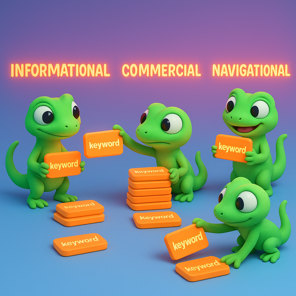 A 3D cartoon-style illustration featuring several soft, rounded green gecko characters working together to sort and group glowing neon orange keyword cards into organized clusters. Each cluster is labeled by intent (such as informational, commercial, navigational), all set against a light blue-to-purple gradient background with bright neon orange text headers above the clusters.