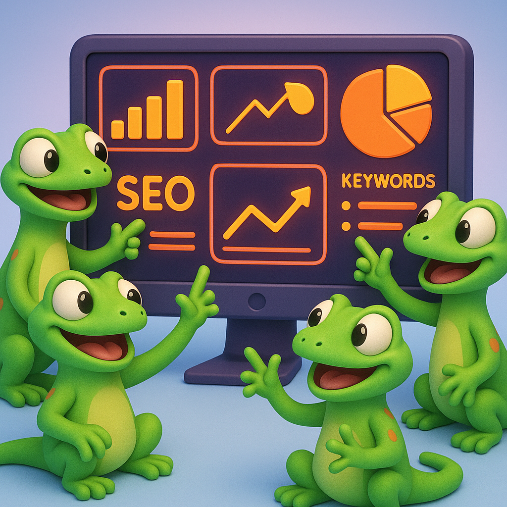 A 3D cartoon-style illustration featuring several soft, rounded green gecko characters collaborating around a large computer screen displaying colorful neon orange SEO dashboards with charts, graphs, and keywords. The geckos are pointing and gesturing excitedly at data visualizations, with the background a light blue-to-purple gradient.