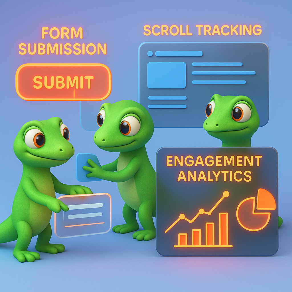 A 3D cartoon-style illustration featuring three green gecko characters interacting with digital elements: one gecko taps a neon orange form submit button, another scrolls through a webpage displayed on a floating transparent panel, and the third gecko observes graphs representing user engagement analytics. The background is a light blue-to-purple gradient, with neon orange text labels identifying 'Form Submission', 'Scroll Tracking', and 'Engagement Analytics'.