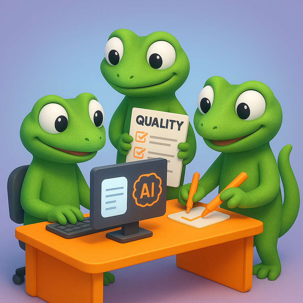 A 3D cartoon-style illustration featuring three green gecko characters working together at a neon orange desk: one gecko types on a computer with a document and AI icon on the screen, another holds a checklist labeled 'Quality', and the third places a finishing touch with a neon orange pen, illustrating a hybrid human-AI content workflow. The background is a soft light blue-to-purple gradient.