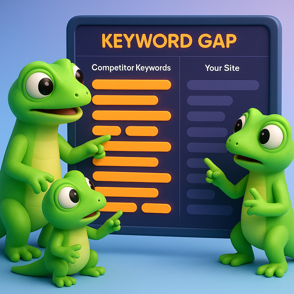 A 3D cartoon-style illustration featuring three soft, rounded green gecko characters analyzing a neon orange keyword gap report on a large digital screen. The screen displays a side-by-side comparison: one column labeled 'Competitor Keywords' with many highlighted neon orange keywords, and another labeled 'Your Site' with empty spaces, visually depicting missing keywords. Geckos are pointing and discussing the gaps. The background has a light blue-to-purple gradient.
