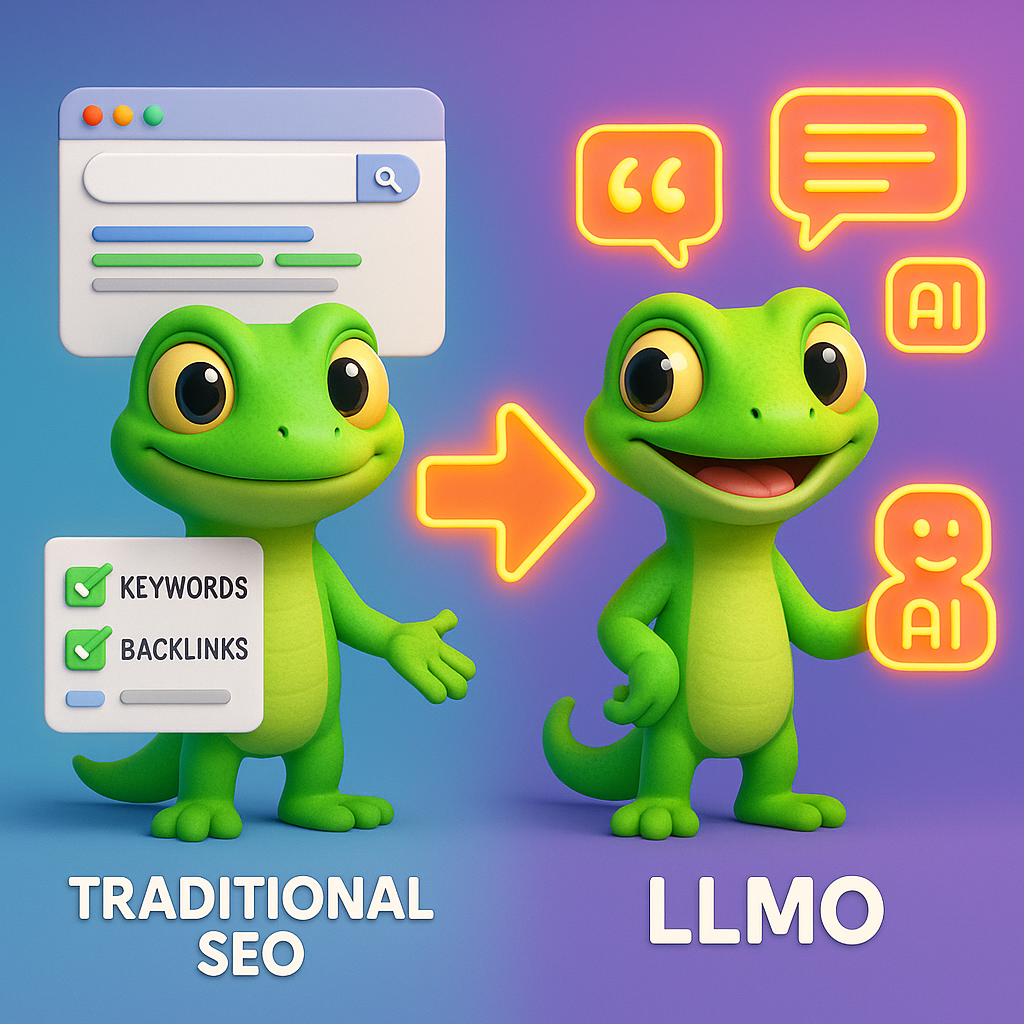 A 3D cartoon-style illustration featuring two green gecko characters side-by-side, separated by a glowing neon orange arrow pointing from left (Traditional SEO) to right (LLMO). The left gecko stands in front of classic SEO elements like a checklist with keywords, backlinks, and a search results page. The right gecko interacts with floating neon orange AI-generated text bubbles, citation icons, and a stylized representation of an AI assistant. Light blue-to-purple gradient background.