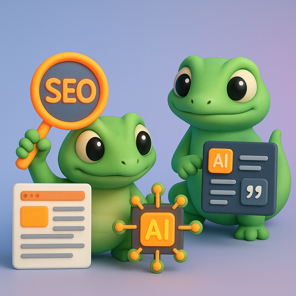 A 3D cartoon-style illustration featuring two soft, rounded green gecko characters: one is holding a neon orange magnifying glass labeled 'SEO' inspecting a stack of structured web content, while the other holds a neon orange circuit board labeled 'AI' examining a digital screen with AI citation icons. The background is a light blue-to-purple gradient, and the geckos are focused on their respective optimization tasks.