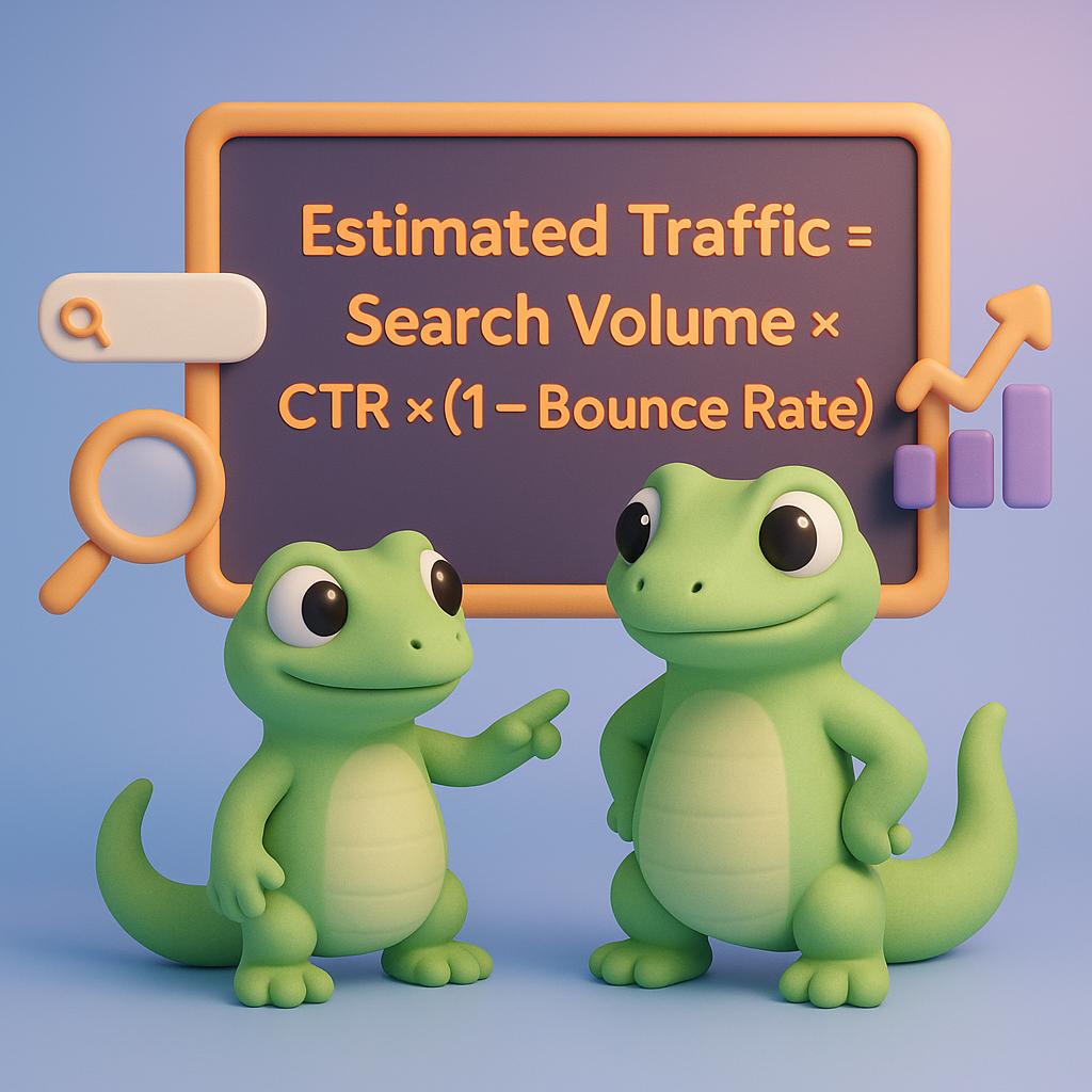 A 3D cartoon-style illustration featuring two soft, rounded green geckos standing in front of a large, neon orange formula on a screen that displays: 'Estimated Traffic = Search Volume × CTR × (1 - Bounce Rate)'. Around them are icon-like elements: magnifying glass, graph arrows, and search bar, with a background of a smooth light blue-to-purple gradient.