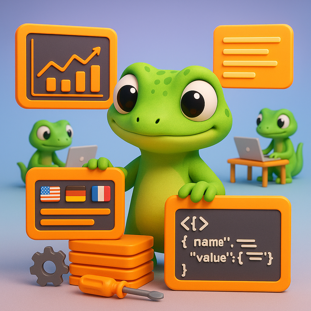 A 3D cartoon-style illustration of a central green gecko character monitoring a stack of neon orange data panels and dashboards (with graphs, schema code, and regional flags) on floating screens. The gecko is overseeing technical tools and structured data with miniature geckos working on computers in the background, all set against a soft light blue-to-purple gradient.