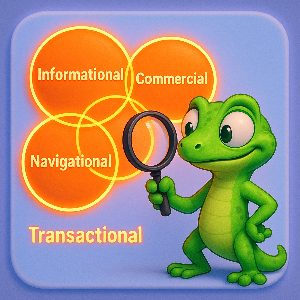 A 3D cartoon-style illustration of a green gecko character analyzing a cluster of large, neon orange bubble icons labeled 'Informational', 'Commercial', 'Navigational', and 'Transactional'. The gecko uses a magnifying glass to examine how multiple bubbles overlap, symbolizing mixed intent queries. The background is a light blue-to-purple gradient, with the entire illustration framed in soft, rounded shapes and glowing neon orange accents.