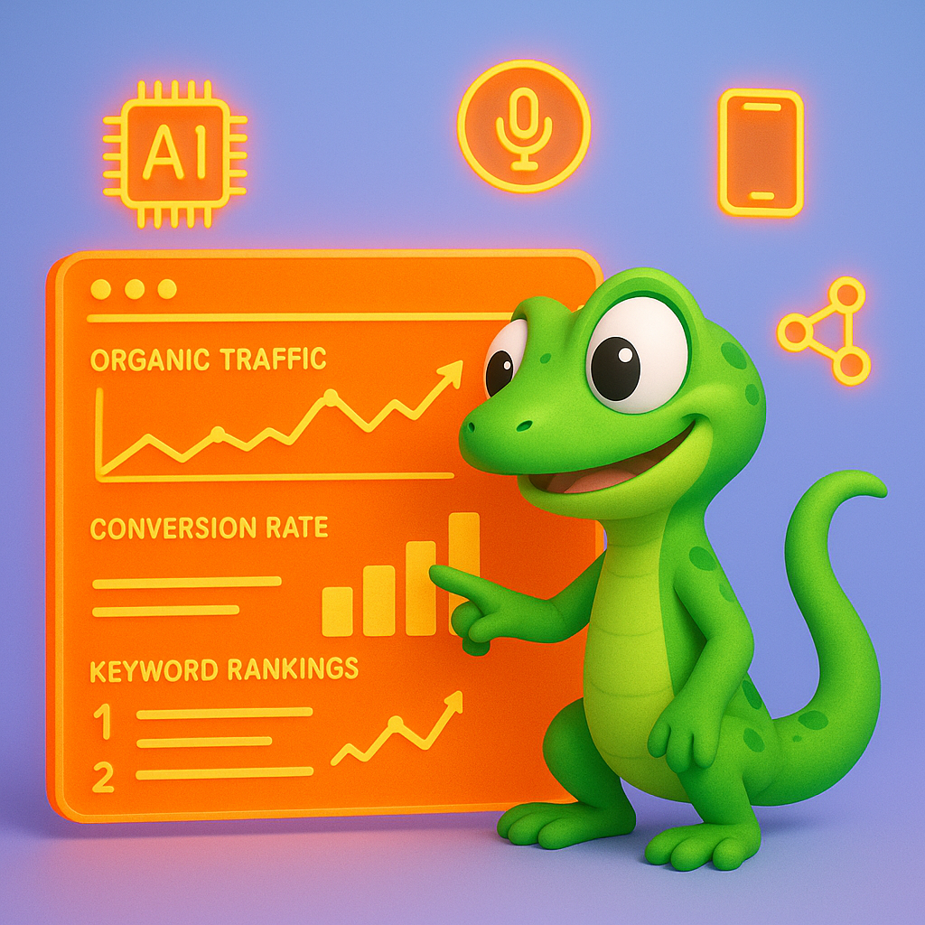 A 3D cartoon-style illustration of a green gecko character analyzing data on a neon orange analytics dashboard, which displays graphs for organic traffic, conversion rates, and keyword rankings. Floating around the gecko are neon orange icons representing AI, voice search, mobile devices, and schema markup. The background is a light blue-to-purple gradient.