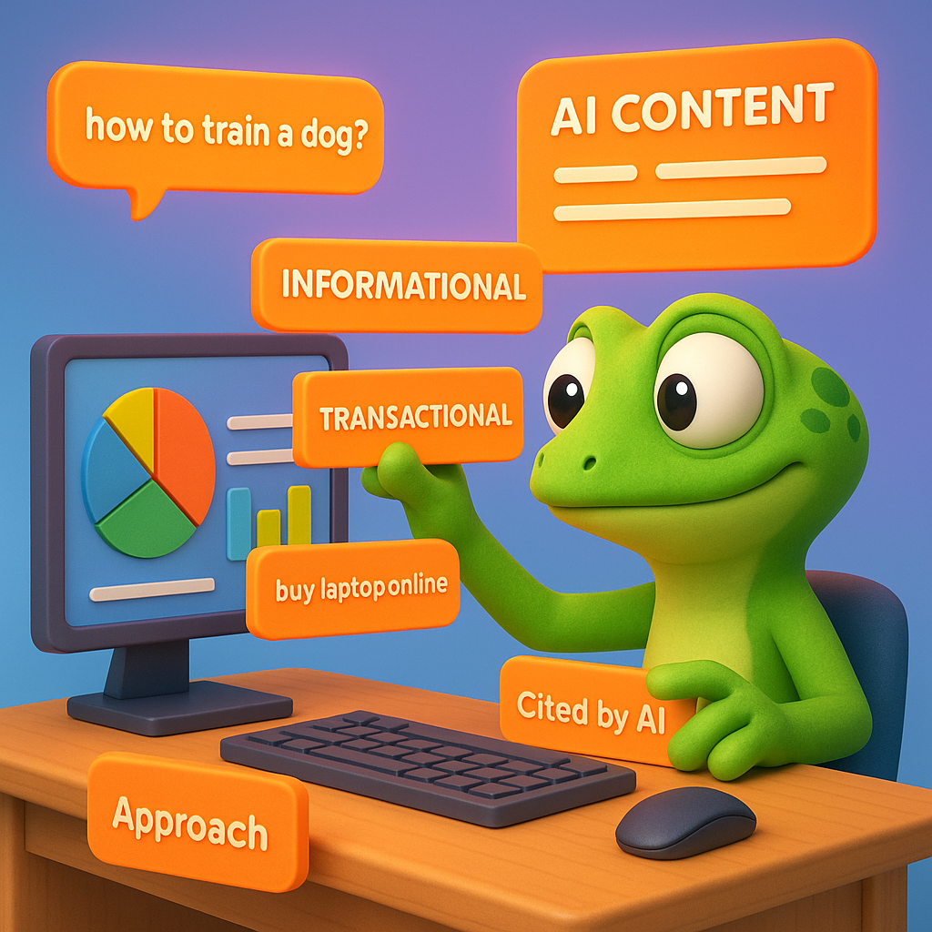 A 3D cartoon-style illustration of a green gecko character at a computer desk, analyzing colorful data charts and AI-generated content streams on floating neon orange screens. The gecko is organizing content blocks labeled with user intent categories (informational, transactional, navigational), with a background gradient from light blue to purple. Elements such as neon orange text bubbles show different user queries and AI citations.