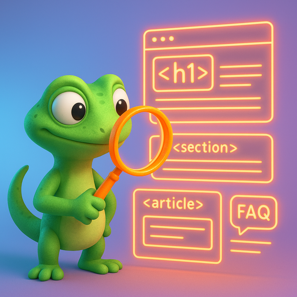 3D illustration of a green gecko examining web pages with semantic HTML tags and FAQ schema symbols