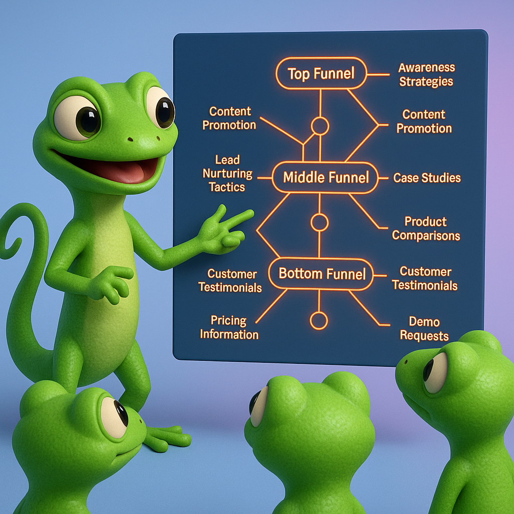 A 3D cartoon-style illustration of a green gecko character presenting a clustered content map to a group of attentive geckos. The map is displayed as interconnected neon orange nodes labeled 'Top Funnel', 'Middle Funnel', and 'Bottom Funnel', with small neon orange lines connecting related article titles. The background is a light blue-to-purple gradient, reinforcing the strategic, organized ecosystem created by AI.