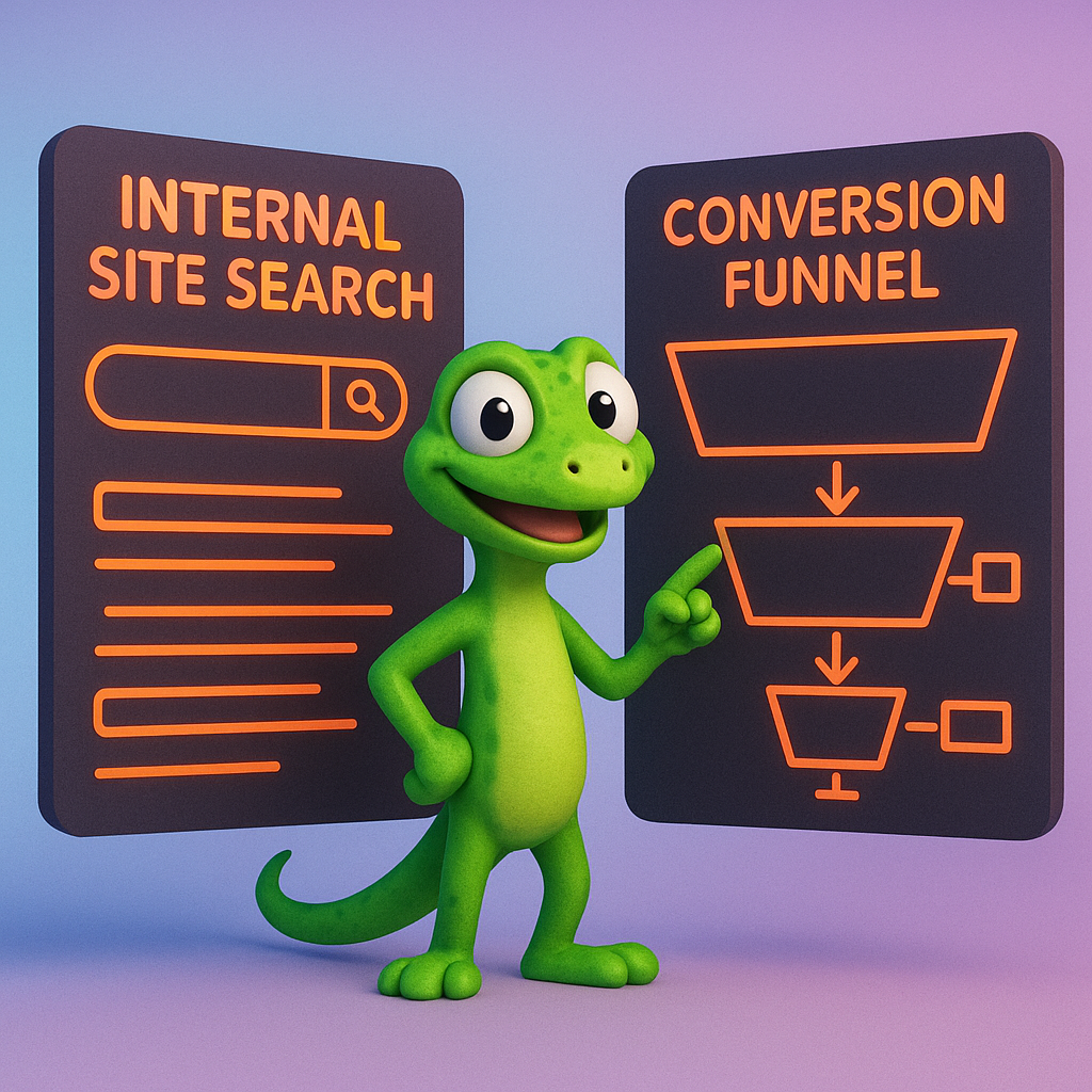 A 3D cartoon-style illustration of a green gecko character standing between two large floating screens. One screen displays internal site search results in neon orange, the other shows a conversion funnel with highlighted drop-off points and arrows. The gecko points to the funnel, indicating analysis. The background features a light blue-to-purple gradient, with all text and interface elements in neon orange.