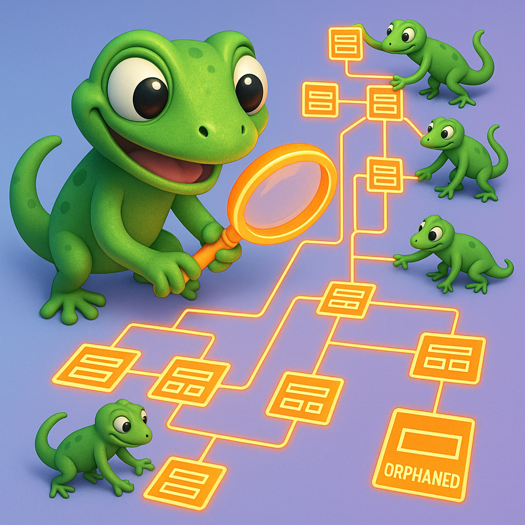 A 3D cartoon-style illustration of a green gecko holding a glowing neon orange magnifying glass, inspecting interconnected neon orange internal links on a website map. Additional geckos help optimize link distribution, and orphaned pages are clearly marked, all on a light blue-to-purple gradient background.