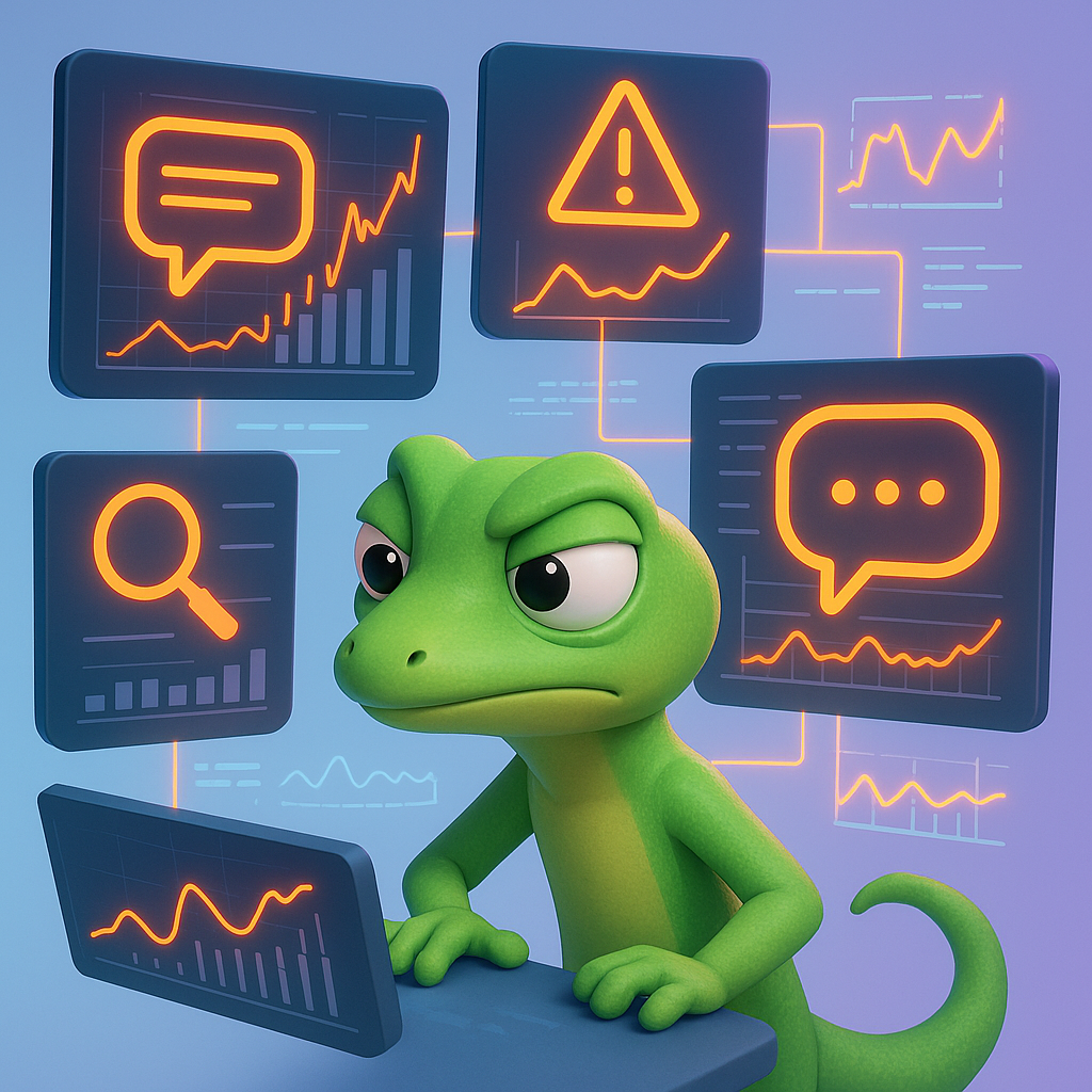 A 3D cartoon-style illustration of a green gecko monitoring multiple neon orange social media icons (e.g., speech bubbles, magnifying glass, alert symbol) on floating screens, with real-time graphs and data streams, showing rapid issue detection and crisis management. The gecko looks focused, with the background in a light blue-to-purple gradient.