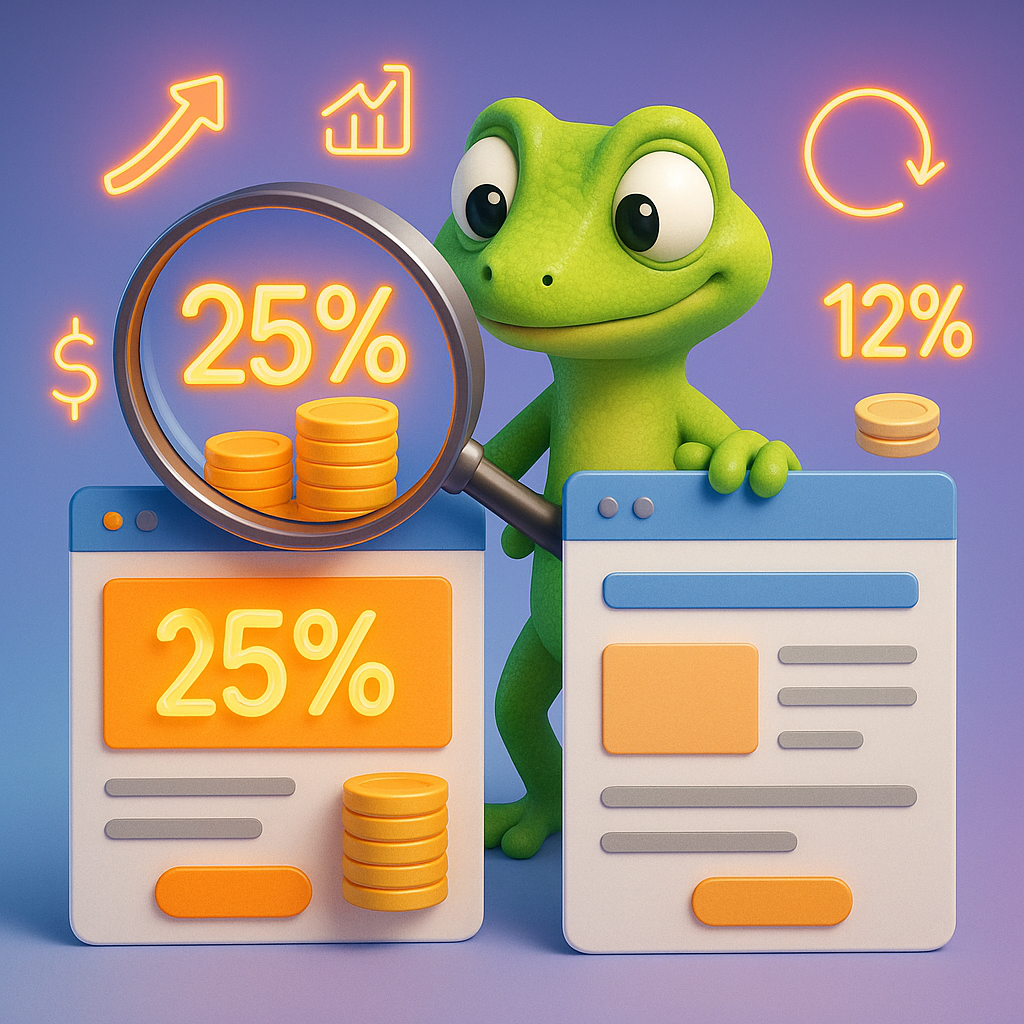 A 3D cartoon-style illustration of a green gecko with a magnifying glass inspecting two brightly colored landing pages, one with a high conversion rate (shown by stacks of gold coins and a large neon orange '25%' icon), the other with a low conversion rate (small, faded coin stack and a '12%' icon). The background is a soft blue-to-purple gradient, with conversion-related icons glowing in neon orange scattered around the gecko.
