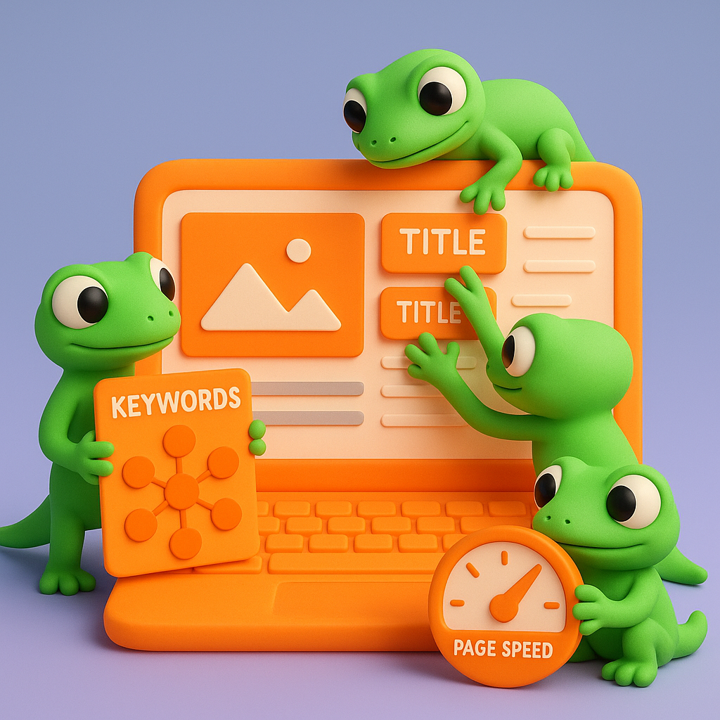 A 3D cartoon-style illustration of a group of green, rounded gecko characters working together to build a website on a giant neon orange laptop. One gecko is holding a neon orange keyword cluster map, another is arranging title tags on the screen, while a third uses a neon orange speedometer to check page speed. The background is a light blue-to-purple gradient.