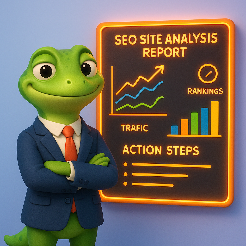 A 3D cartoon-style illustration of a single green gecko character dressed as a marketing leader, standing proudly in front of a wall-mounted, neon orange-framed SEO report dashboard. The dashboard displays colorful trend lines, bar charts, and action steps, with glowing orange annotations. The background is a light blue-to-purple gradient, and the dashboard is clearly labeled 'SEO Site Analysis Report' in neon orange text.