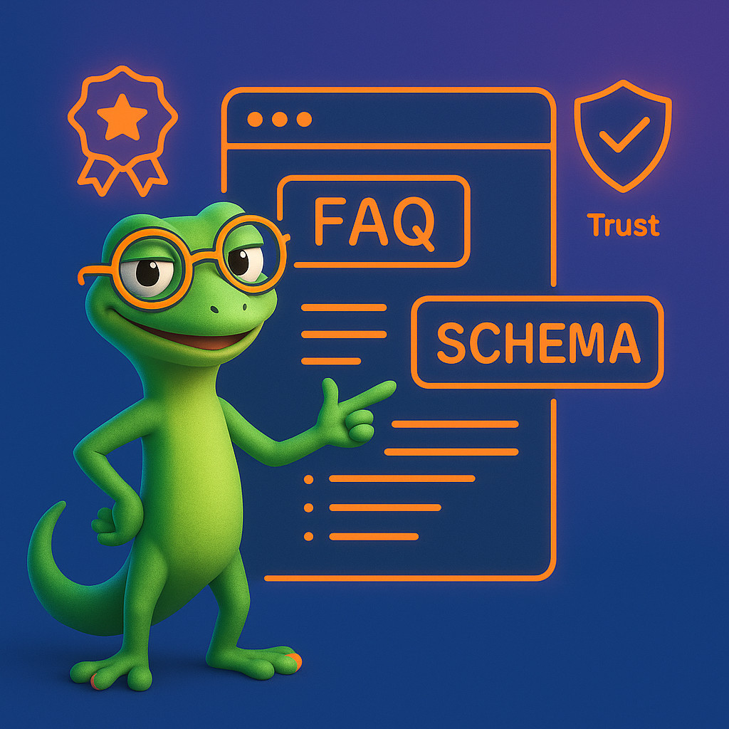 A 3D cartoon-style illustration of a single green gecko with glasses, confidently presenting a web page annotated with neon orange FAQ and schema tags. Floating icons represent E-A-T signals (badge for expertise, shield for trust). The background is a blue-to-purple gradient, with all graphic elements and highlights in neon orange.