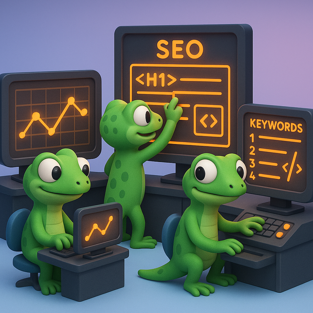 A 3D cartoon-style illustration of multiple green gecko characters working efficiently in an SEO control room: one is monitoring neon orange graphs on a dashboard screen, another optimizes web page elements like headings and structured data with neon orange highlights, and a third reviews keyword rankings. The setting visually conveys teamwork, automation, and real-time analytics. The background is a light blue-to-purple gradient.