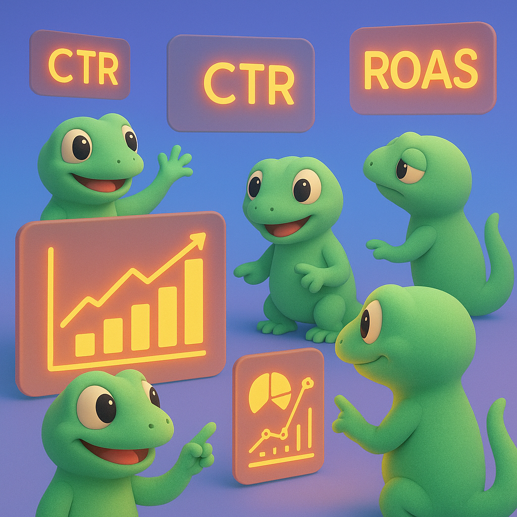 A 3D cartoon-style illustration of several soft, rounded green gecko characters analyzing brightly glowing neon orange charts and dashboards on floating screens. The background is a light blue-to-purple gradient, and key conversion metrics like CR, CTR, and ROAS are displayed in neon orange text, with geckos pointing or gesturing at the data.