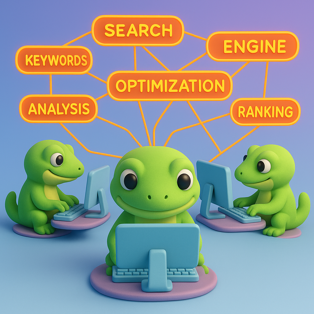 A 3D cartoon-style illustration of green gecko characters working at computers, surrounded by colorful floating keyword clusters representing semantic and SERP-based grouping