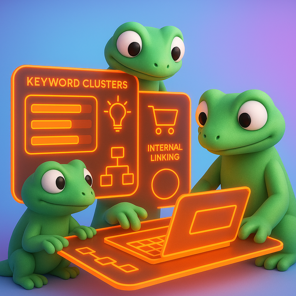 A 3D cartoon-style illustration of three soft, rounded green gecko characters working together at a holographic neon orange dashboard showing keyword clusters, search intent icons (lightbulb for informational, shopping cart for transactional), and internal linking diagrams; background is a light blue-to-purple gradient with vivid neon orange accents on screens and text elements.