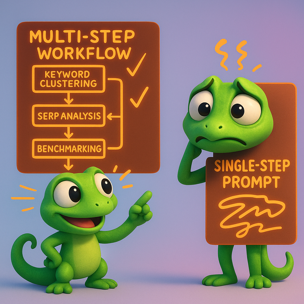 A 3D cartoon-style illustration of two green gecko characters: one using a multi-step workflow on a neon orange flowchart with branching paths (showing steps like keyword clustering, SERP analysis, benchmarking), and another struggling with a disorganized single-step prompt scribbled in neon orange. The geckos are on a light blue-to-purple gradient background, with visual cues of efficiency (speed lines, checkmarks) around the multi-step gecko and confusion around the other.