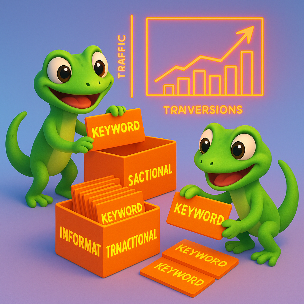 A 3D cartoon-style illustration of two green geckos sorting neon orange keyword cards into labeled, glowing boxes: 'Informational', 'Transactional', and 'Navigational'. The geckos are cheerfully organizing, and behind them, a neon orange chart shows increasing traffic and conversions. The background is a light blue-to-purple gradient.