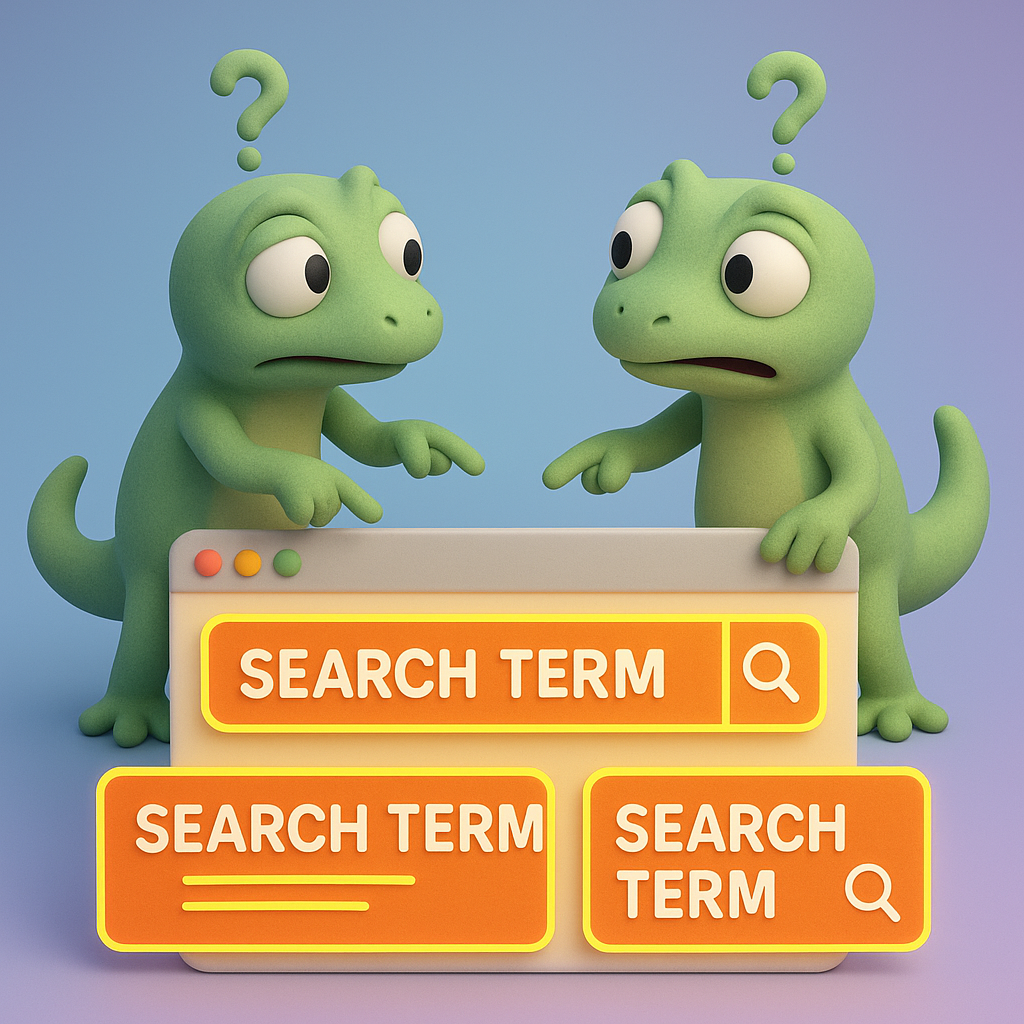 A 3D cartoon-style illustration of two soft, rounded green gecko characters standing on a website made up of neon orange text boxes, each gecko pointing to a different identical search term. The geckos look confused as they face each other, representing keyword cannibalization. Background is a light blue-to-purple gradient.