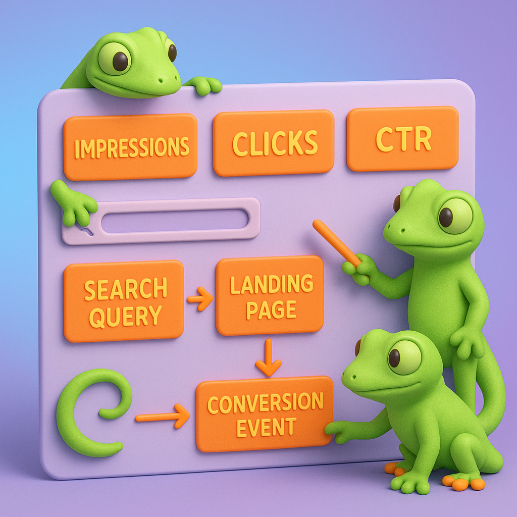 A 3D cartoon-style illustration showing a dashboard interface with soft, rounded green geckos pointing to different metric cards labeled 'Impressions,' 'Clicks,' 'CTR,' and 'Conversions' in neon orange. Underneath, a pathway with arrows visualizes the user journey from 'Search Query' to 'Landing Page' to 'Conversion Event.' Background is a light blue-to-purple gradient, with all dashboard elements and gecko accessories in neon orange.