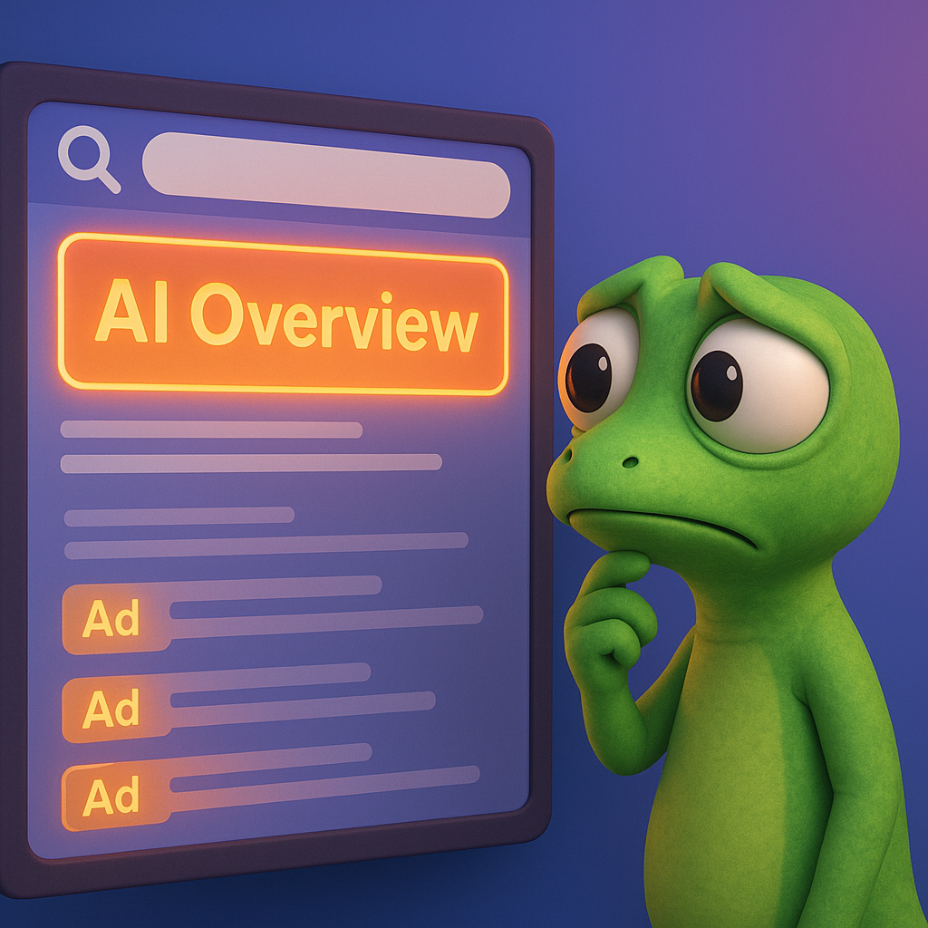 A 3D cartoon-style illustration showing a green, soft, rounded gecko character looking concerned at a large search engine results page. The page displays a glowing neon orange box labeled 'AI Overview' at the top, with smaller neon orange ads pushed lower down the page, and the gecko notices a drop in ad visibility. The background is a smooth blue-to-purple gradient.