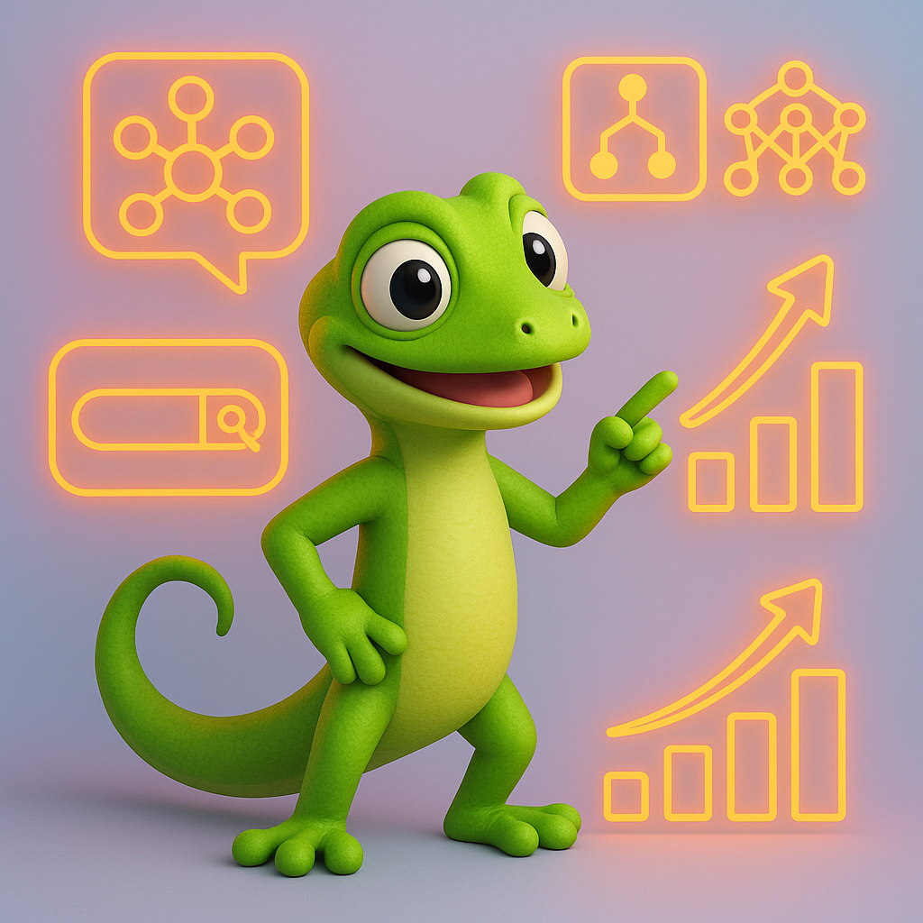 A 3D cartoon-style illustration showing a green gecko character interacting with floating neon orange data visualizations: keyword clusters, a magnifying glass over a search bar, and AI algorithm icons such as decision trees and neural networks. The gecko is pointing to increasing graph lines, representing how machine learning algorithms drive SEO success. The background features a soft light blue-to-purple gradient.