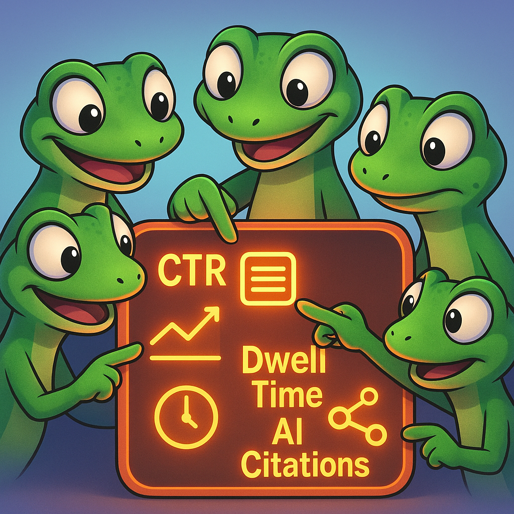 A 3D cartoon-style illustration showing a group of green gecko characters huddled around a glowing neon orange dashboard displaying key metrics such as CTR, dwell time, and AI citations, set against a soft light blue-to-purple gradient background. Each gecko is pointing at different metric icons and graphs, with one gecko highlighting a neon orange featured snippet icon. Vibrant and clear text labels accompany each metric.