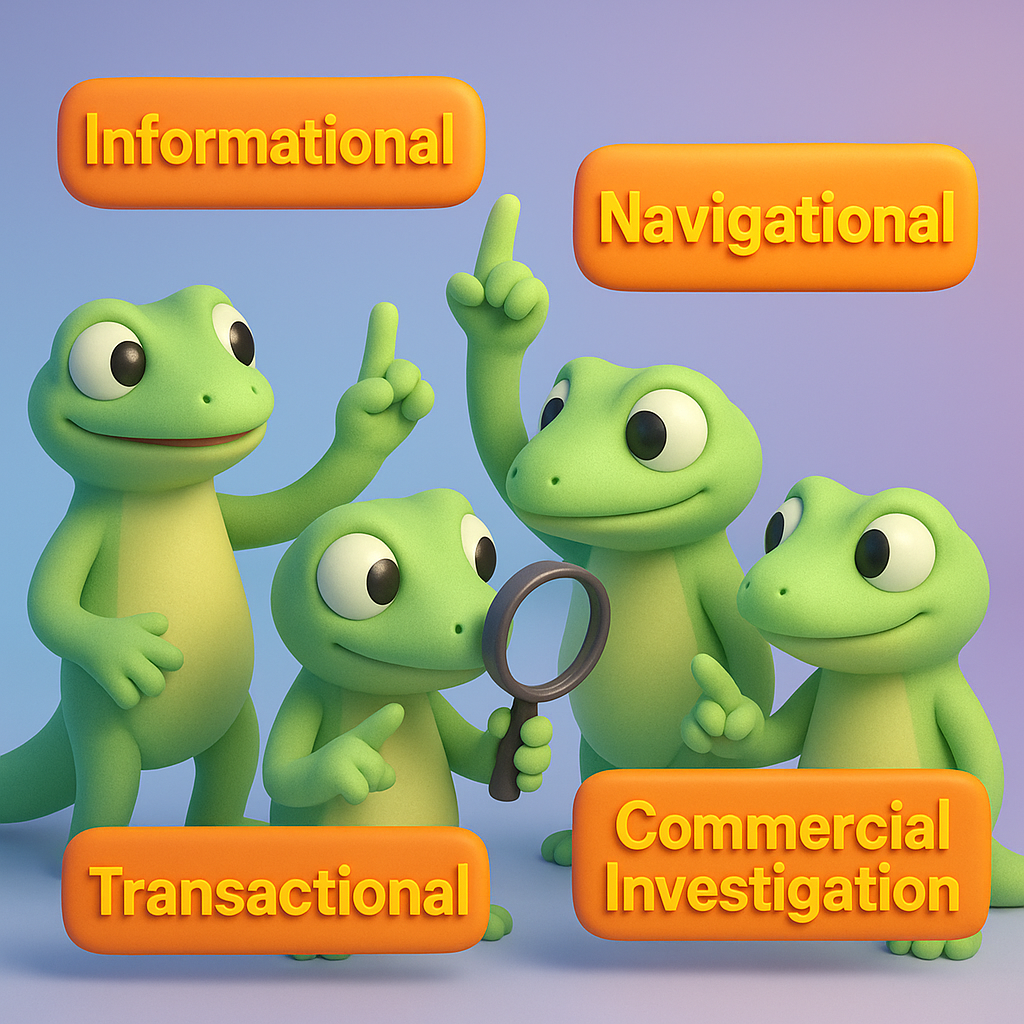 A 3D cartoon-style illustration showing a group of rounded, soft green gecko characters interacting with floating, neon orange text bubbles labeled 'Informational', 'Navigational', 'Transactional', and 'Commercial Investigation'. The geckos point to or examine these text bubbles as they float in a soft light blue-to-purple gradient background.