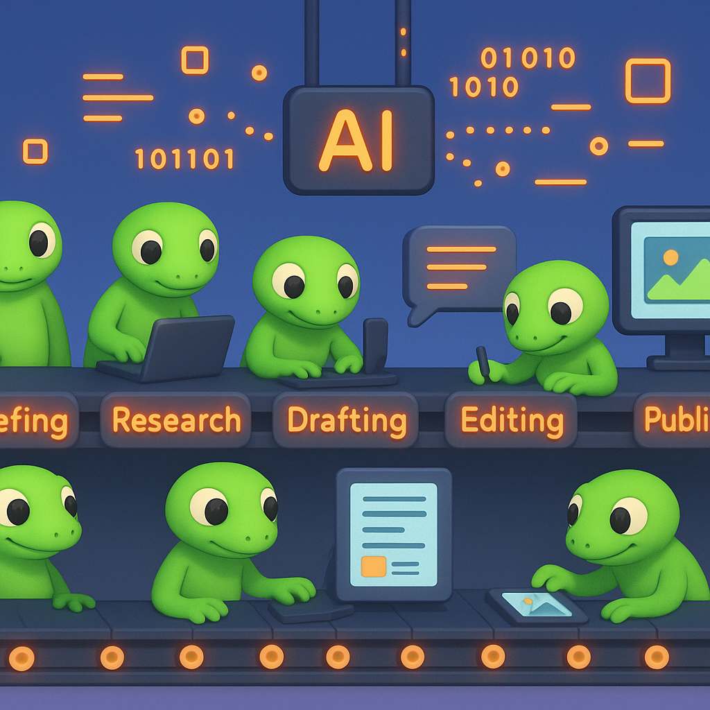 A 3D cartoon-style illustration showing a group of soft, rounded green gecko characters working together at a futuristic AI-powered content production pipeline. The geckos are stationed at different stages of the pipeline labeled with neon orange text: 'Briefing', 'Research', 'Drafting', 'Editing', 'Illustration', and 'Publishing'. The background is a smooth blue-to-purple gradient, and floating neon orange elements represent data and content moving through the pipeline.