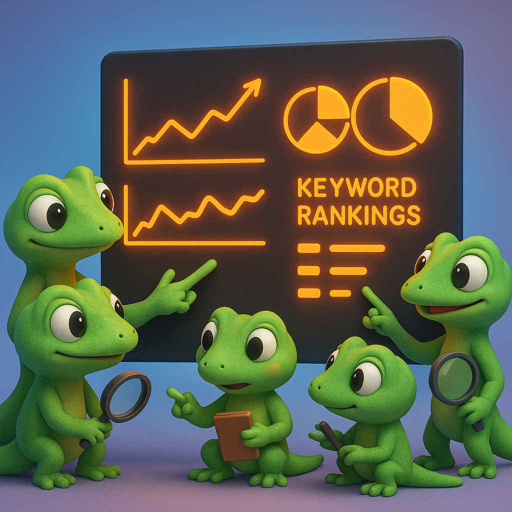 A 3D cartoon-style illustration showing a group of soft, rounded green gecko characters gathered around a large glowing screen displaying colorful line graphs, pie charts, and keyword rankings, all in neon orange text and icons. The geckos each point at different data points, and some hold magnifying glasses or notepads. Background is a smooth light blue-to-purple gradient.