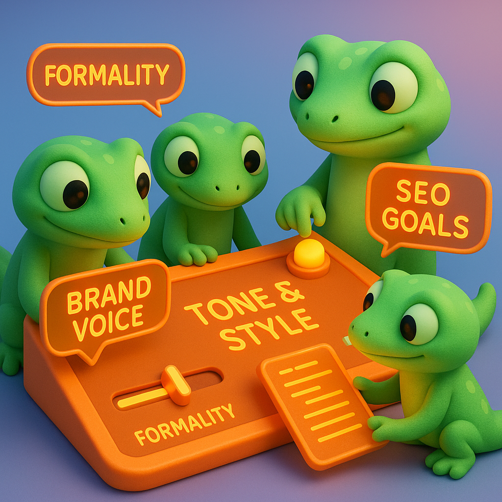 A 3D cartoon-style illustration showing a group of soft, rounded green gecko characters gathered around a glowing orange control panel labeled 'Tone & Style'. One gecko is adjusting a neon orange slider marked 'Formality', another is toggling a button marked 'Brand Voice', and a third gecko is scanning a digital brief labeled 'SEO Goals'. The background is a light blue-to-purple gradient, and key terms appear in neon orange text bubbles above the controls.