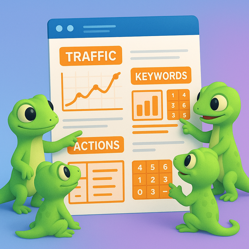 A 3D cartoon-style illustration showing a group of soft, rounded green gecko characters gathered around a large open Word document filled with brightly colored neon orange charts and tables. The geckos are collaborating, pointing at traffic graphs, SEO dashboards, and ranking charts on the document, on a light blue-to-purple gradient background. Neon orange text banners label sections like 'Traffic', 'Keywords', and 'Actions'.